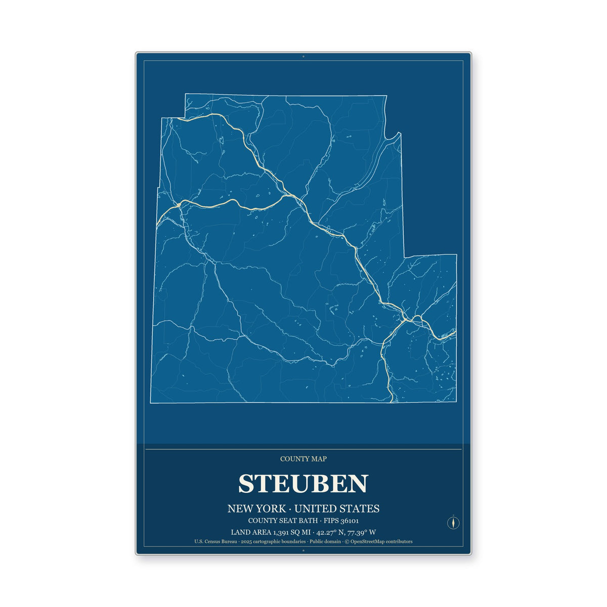 Steuben County, New York Map Aluminum Sign in Harbor Cobalt style