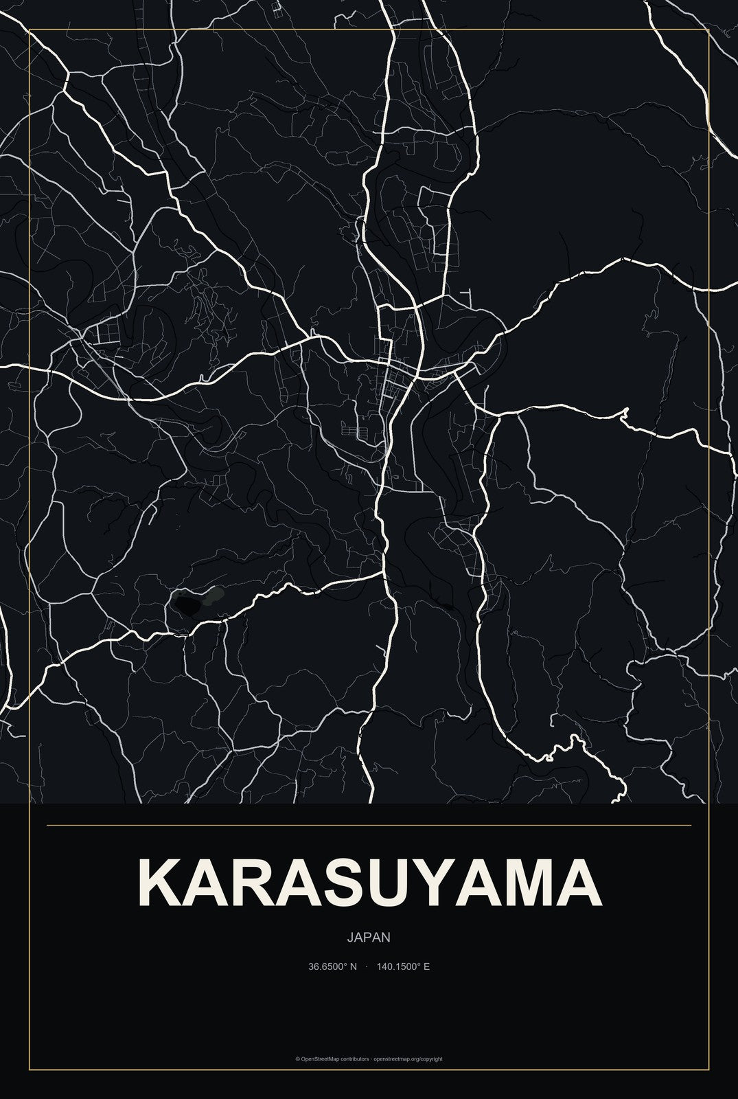 Karasuyama, Japan City Map Aluminum Sign in Metropolitan Noir style
