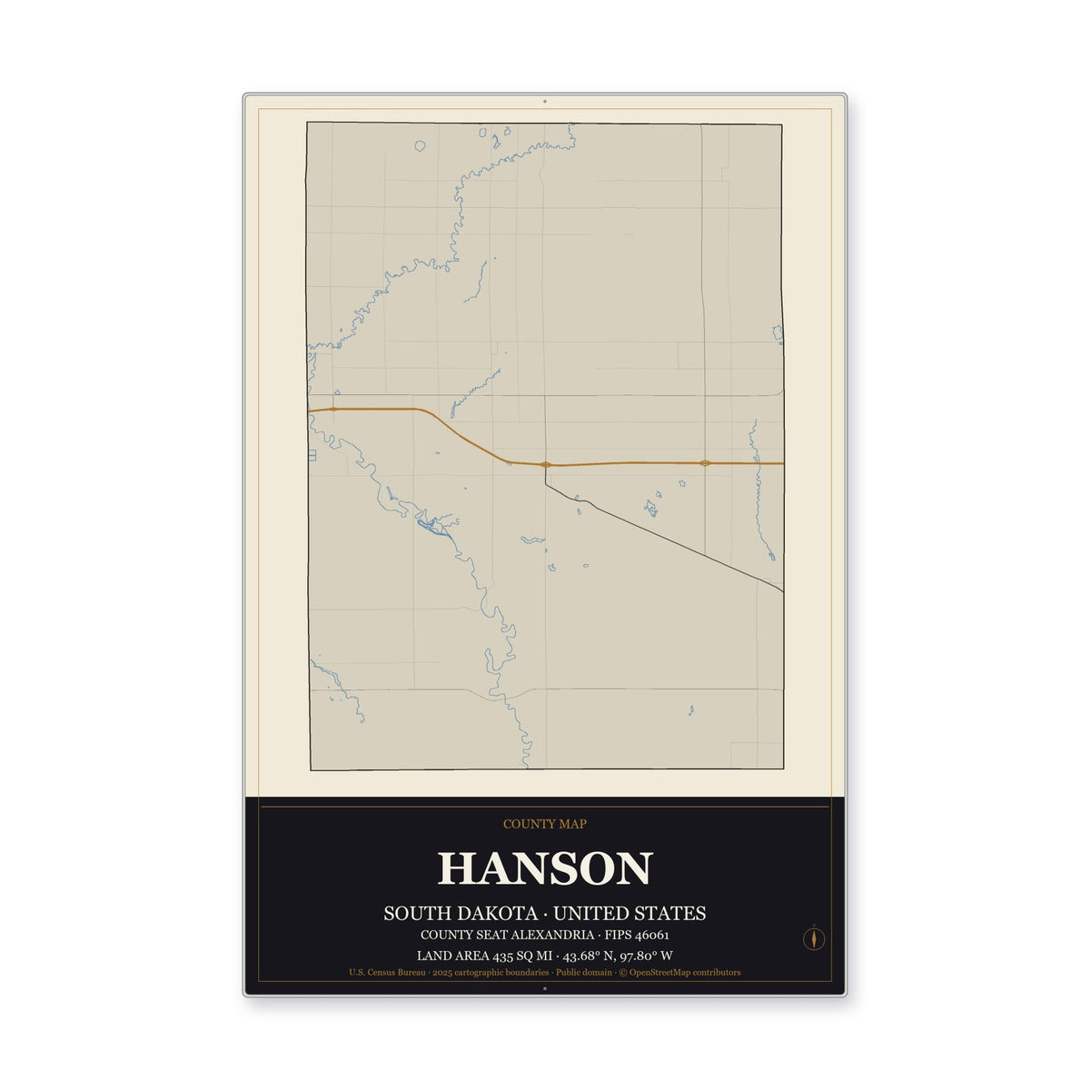 Hanson County, South Dakota Map Aluminum Sign in Museum Plaque style