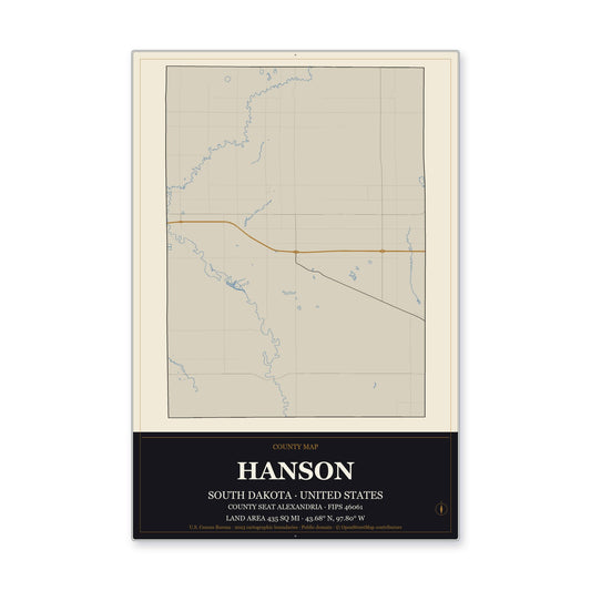 Hanson County, South Dakota Map Aluminum Sign in Museum Plaque style