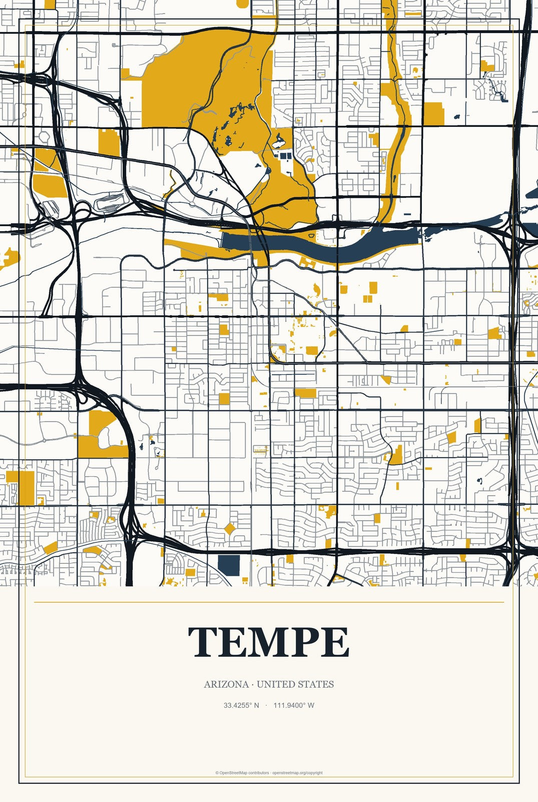 Tempe, Arizona City Map Aluminum Sign in Citrine Modern style