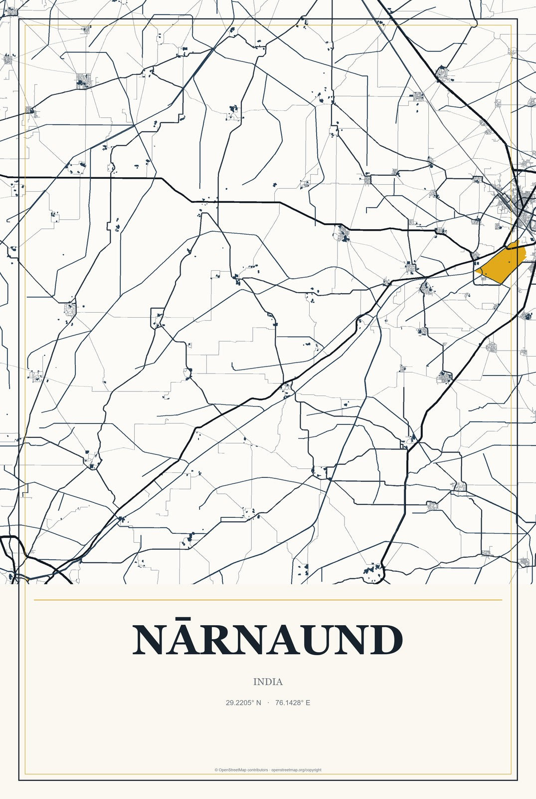 Nārnaund, India City Map Aluminum Sign in Citrine Modern style