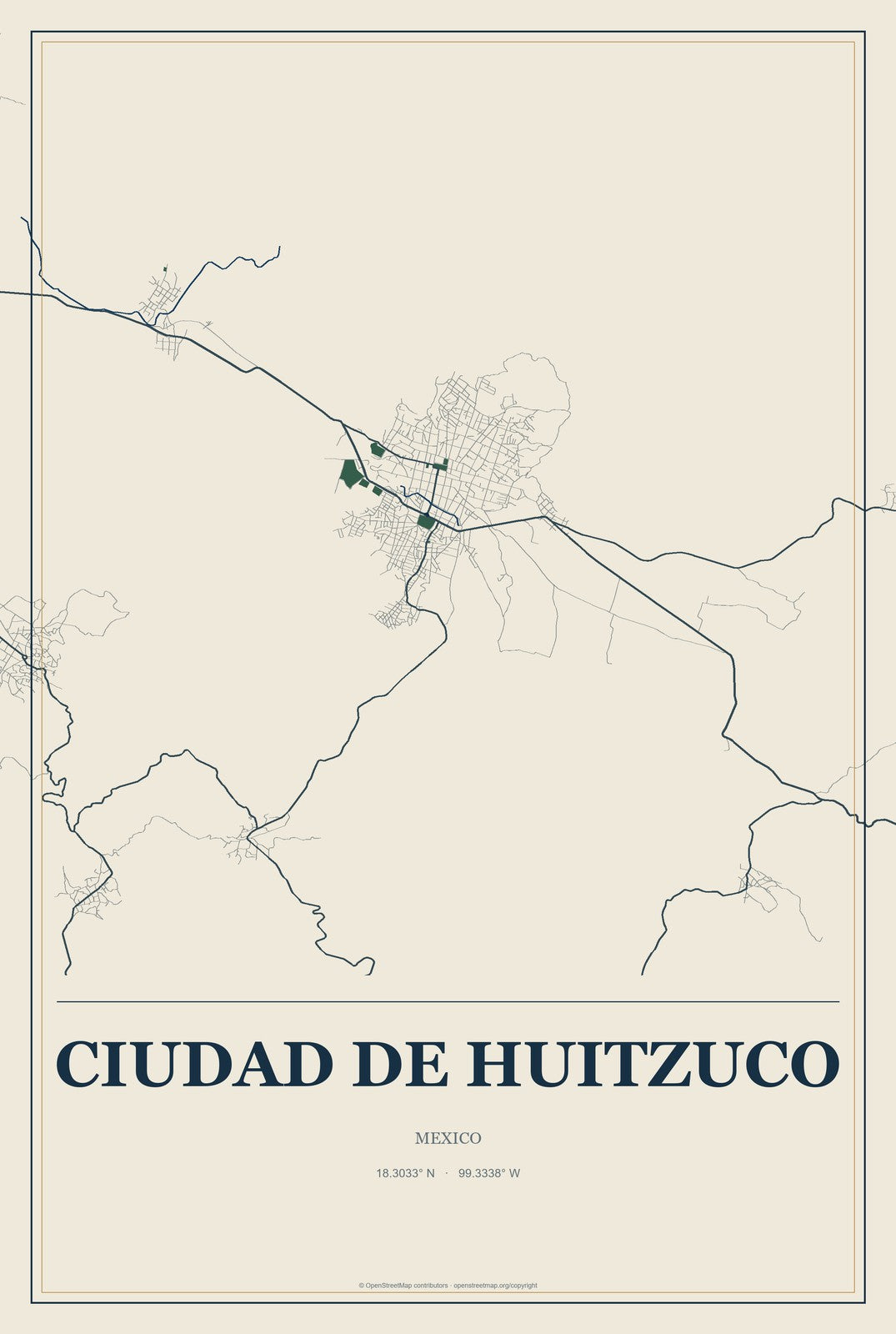 Ciudad de Huitzuco, Mexico City Map Aluminum Sign in Coastal Cutout style