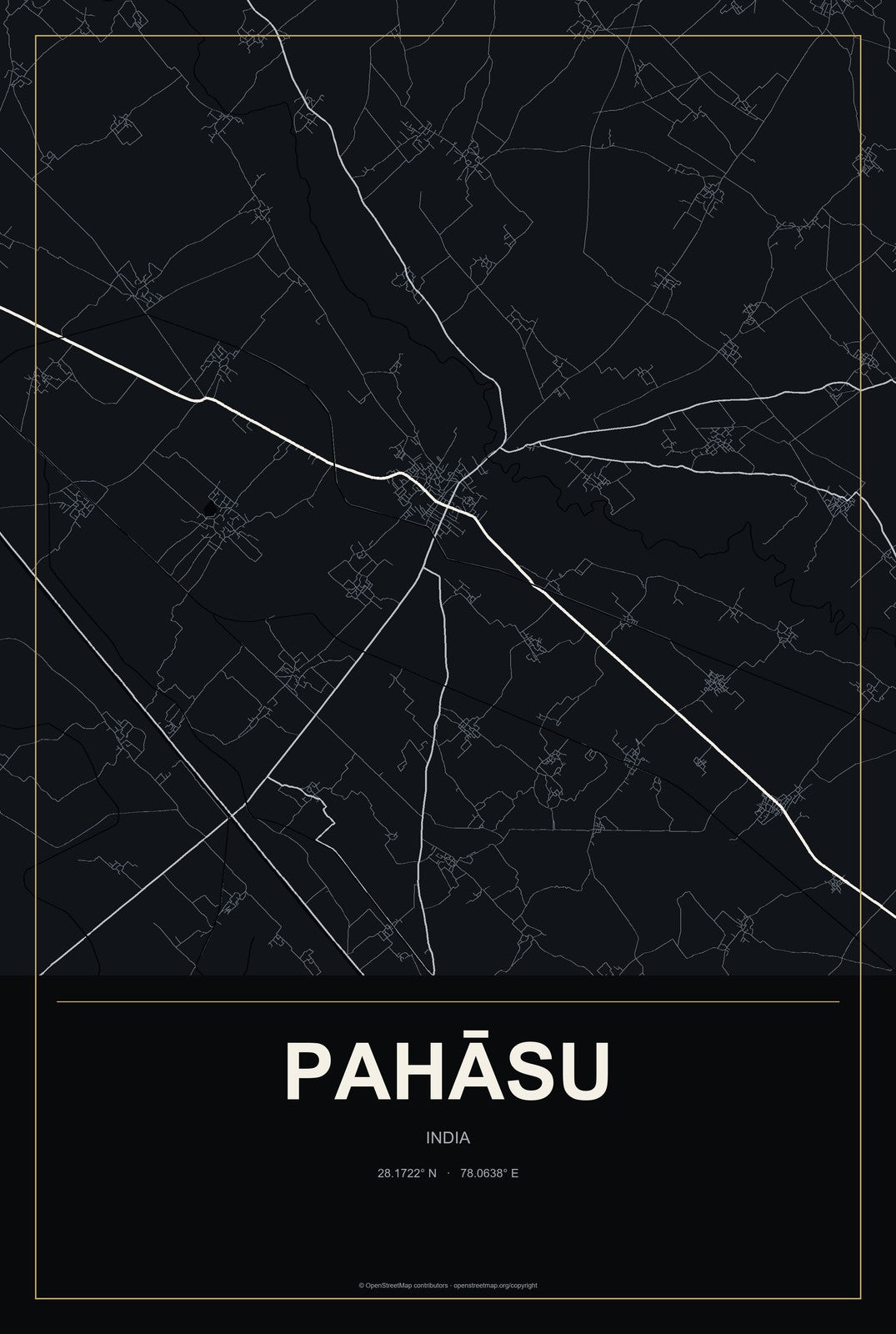 Pahāsu, India City Map Aluminum Sign in Metropolitan Noir style