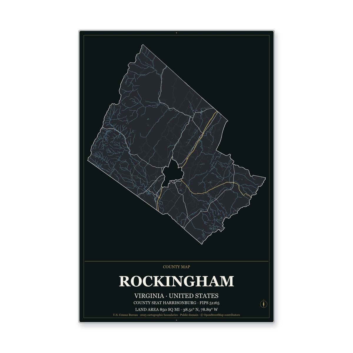 Rockingham County, Virginia Map Aluminum Sign in Metropolitan Noir style