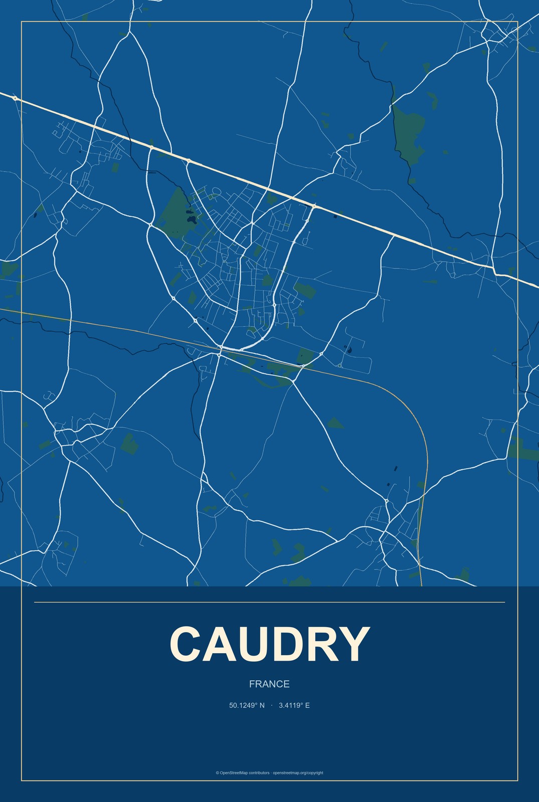 Caudry, France City Map Aluminum Sign in Harbor Cobalt style