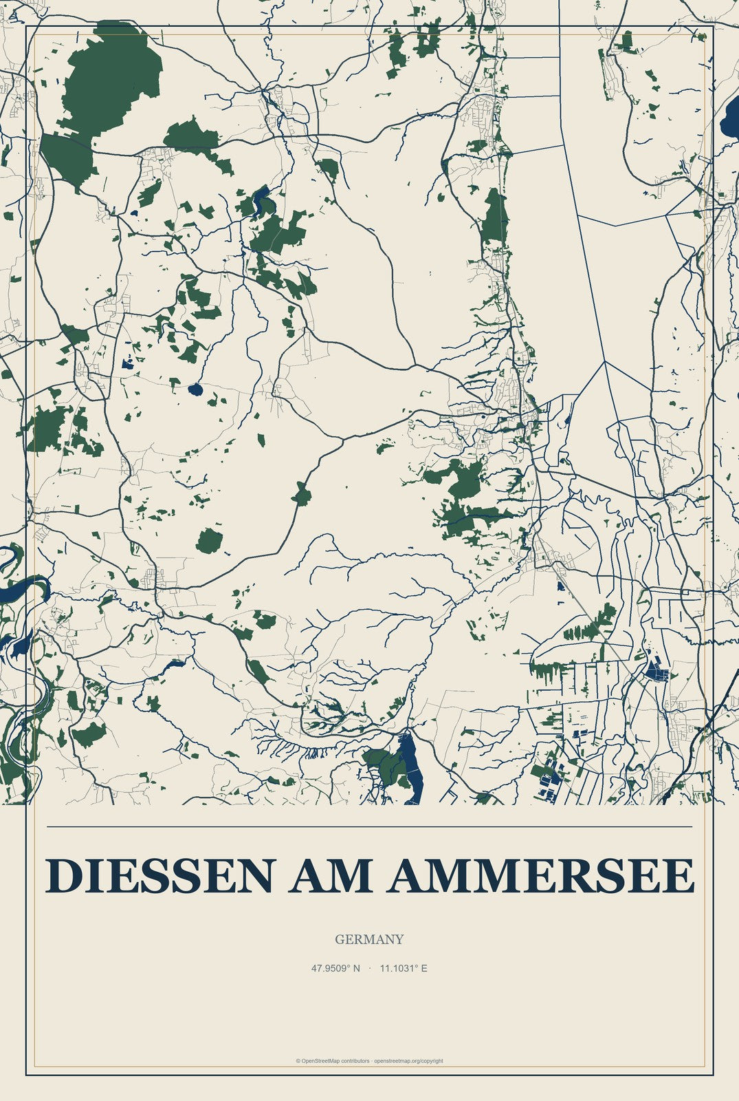 Dießen am Ammersee, Germany City Map Aluminum Sign in Coastal Cutout style