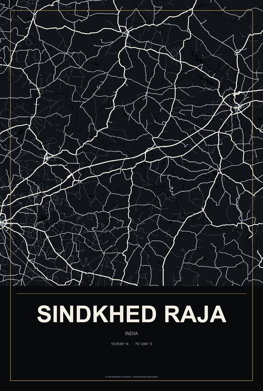 Sindkhed Raja, India City Map Aluminum Sign in Metropolitan Noir style