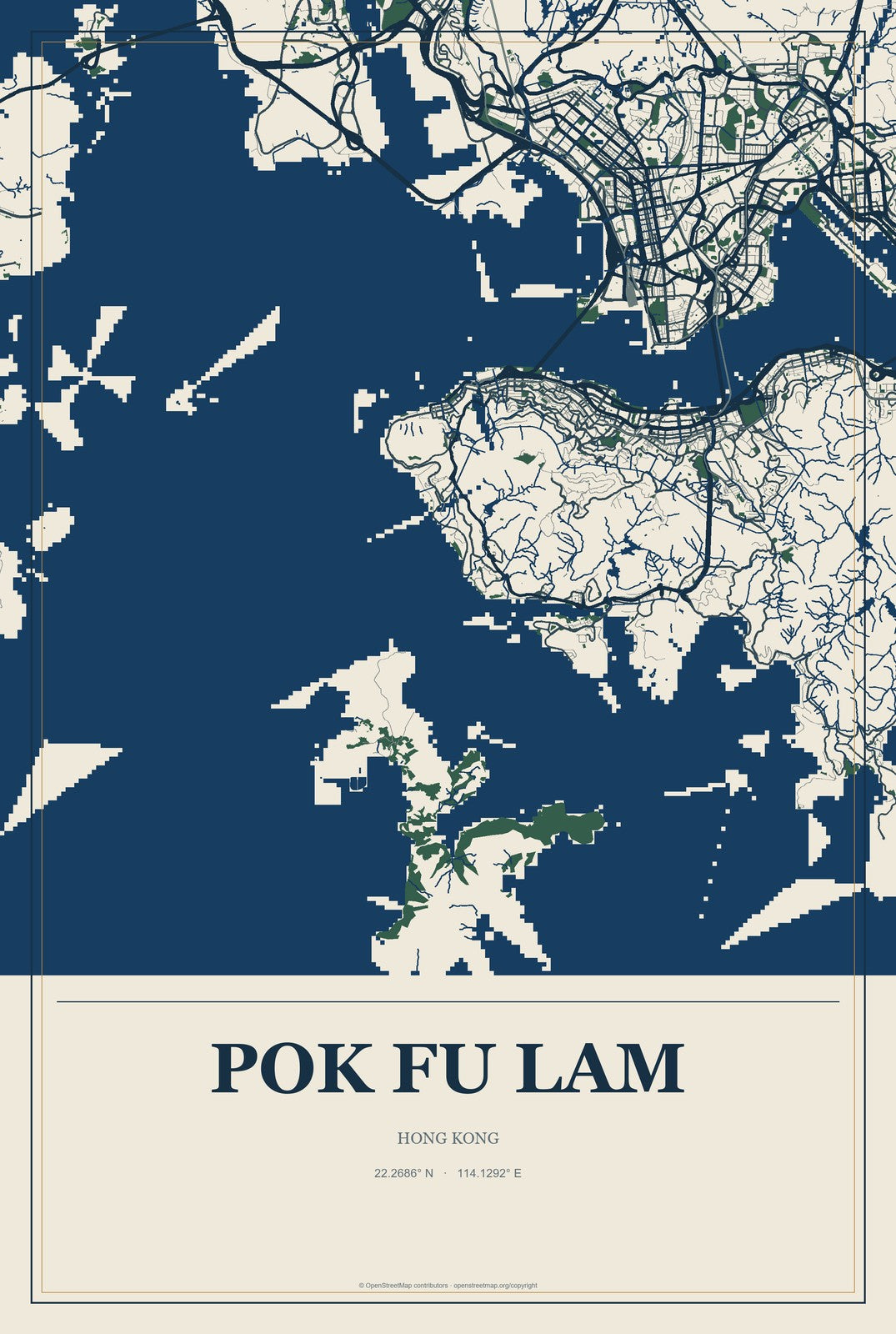 Pok Fu Lam, Hong Kong City Map Aluminum Sign in Coastal Cutout style