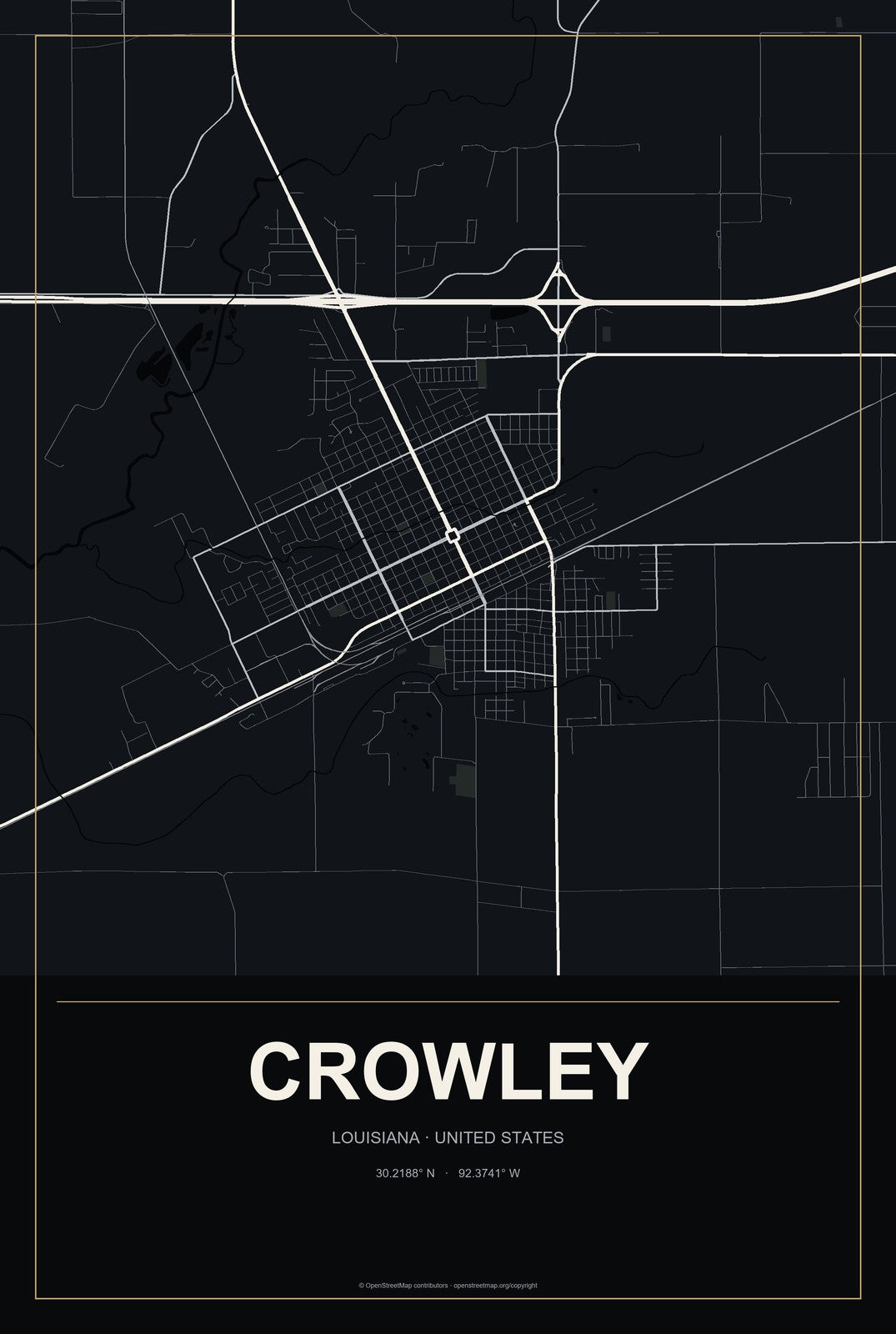 Crowley, Louisiana City Map Aluminum Sign in Metropolitan Noir style