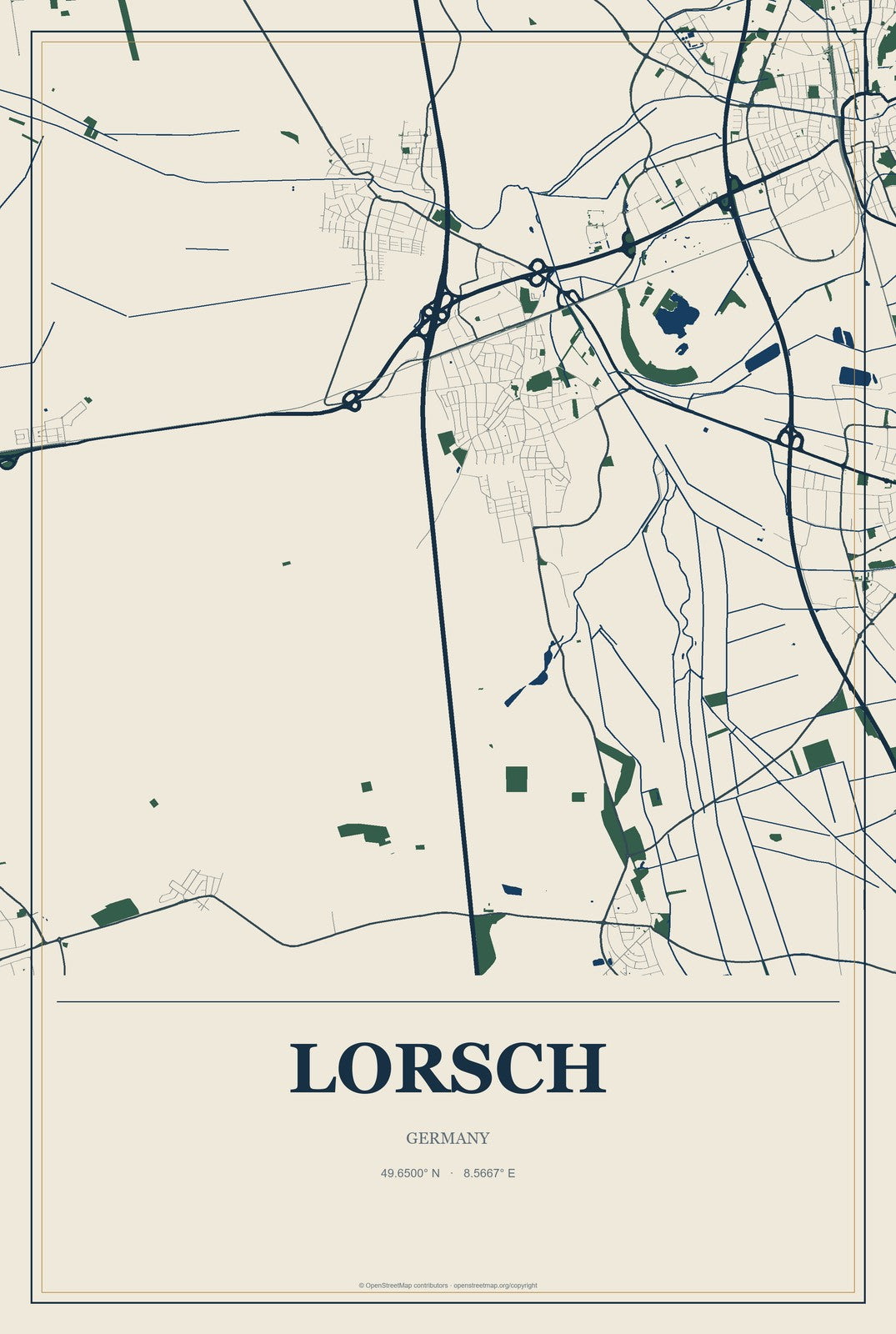 Lorsch, Germany City Map Aluminum Sign in Coastal Cutout style