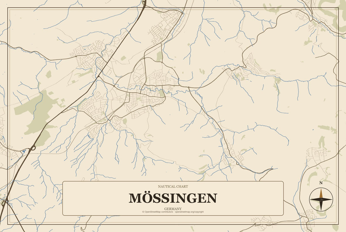 Mössingen, Germany City Map Aluminum Sign in Heritage Nautical style