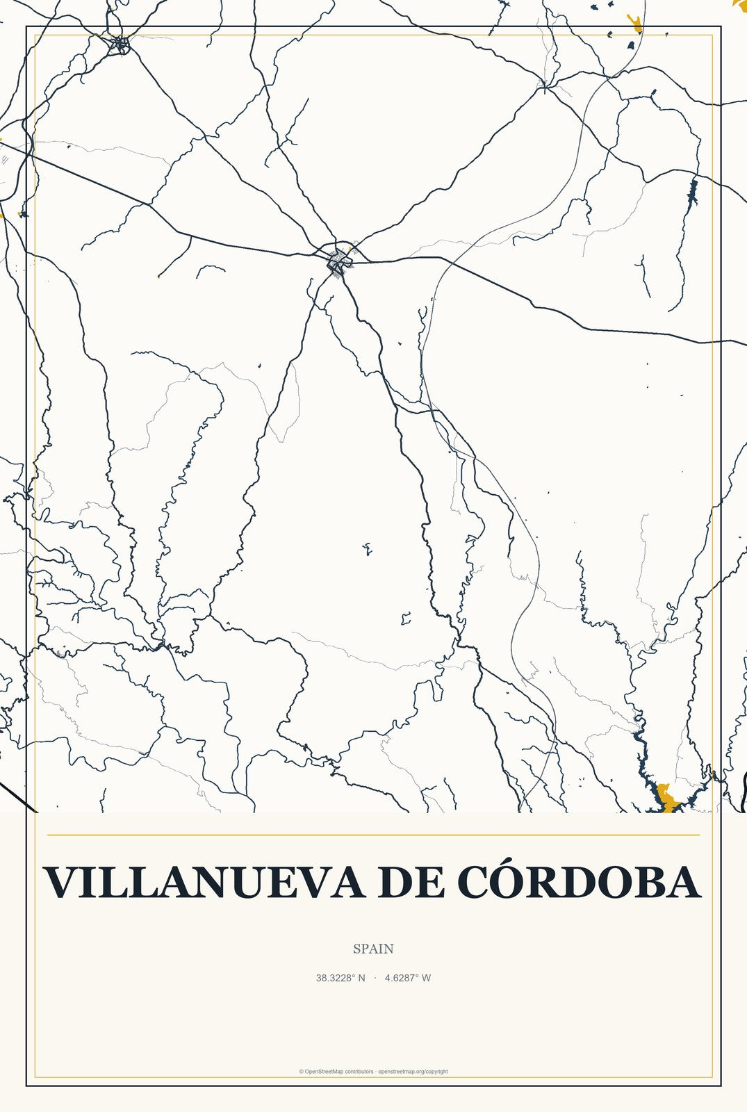 Villanueva de Córdoba, Spain City Map Aluminum Sign in Citrine Modern style