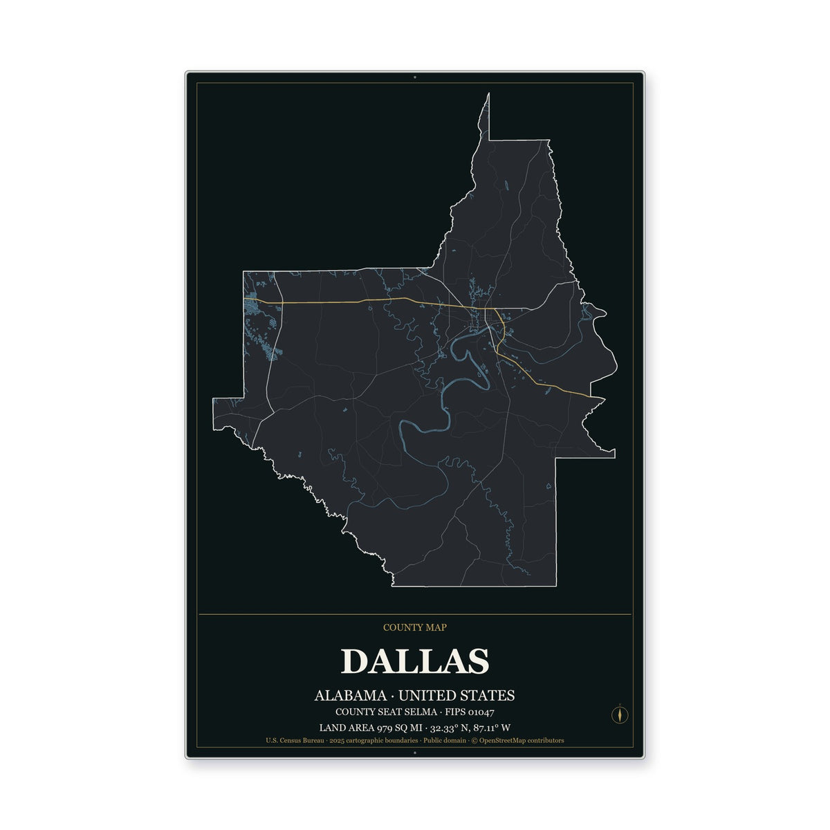 Dallas County, Alabama Map Aluminum Sign in Metropolitan Noir style