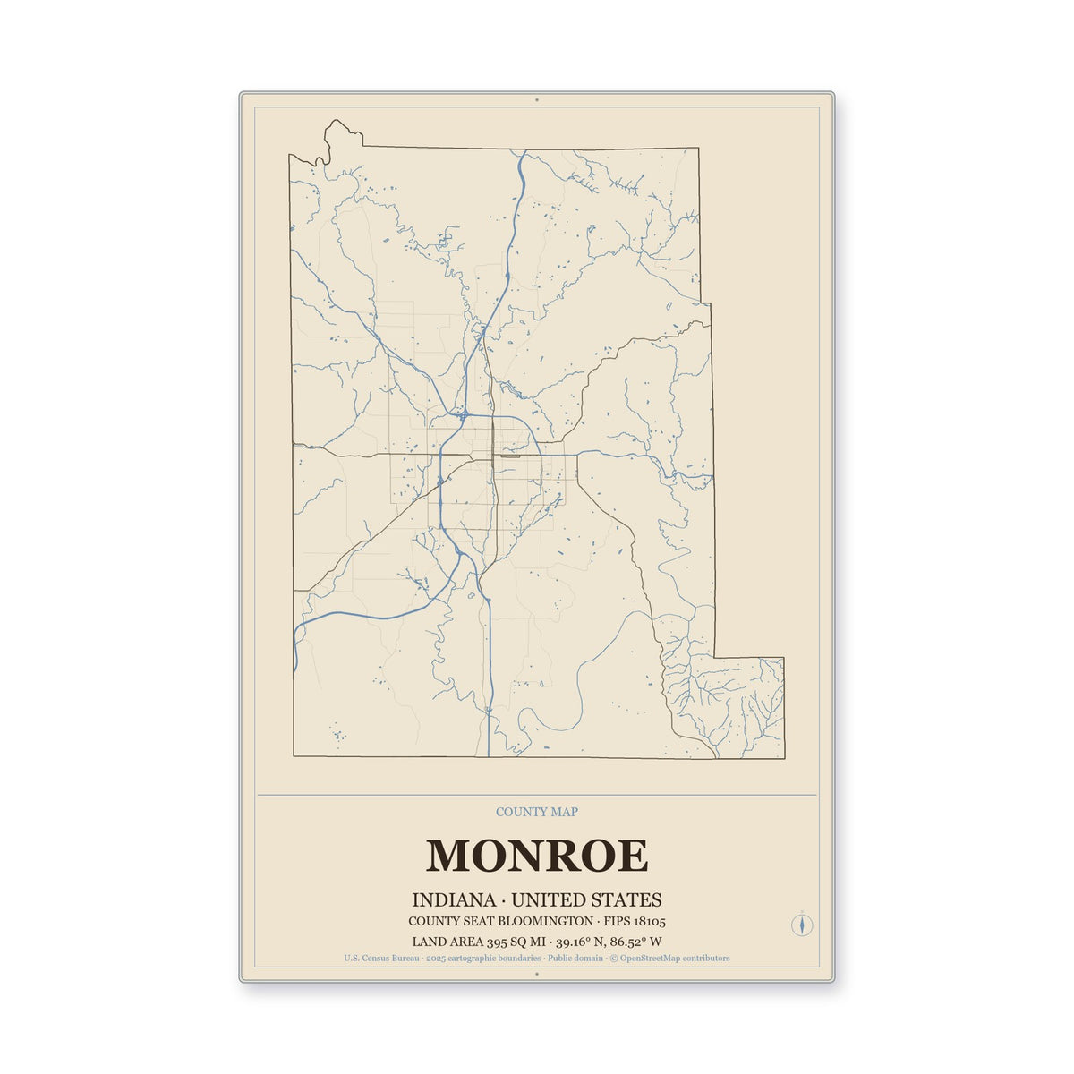 Monroe County, Indiana Map Aluminum Sign in Heritage Nautical style