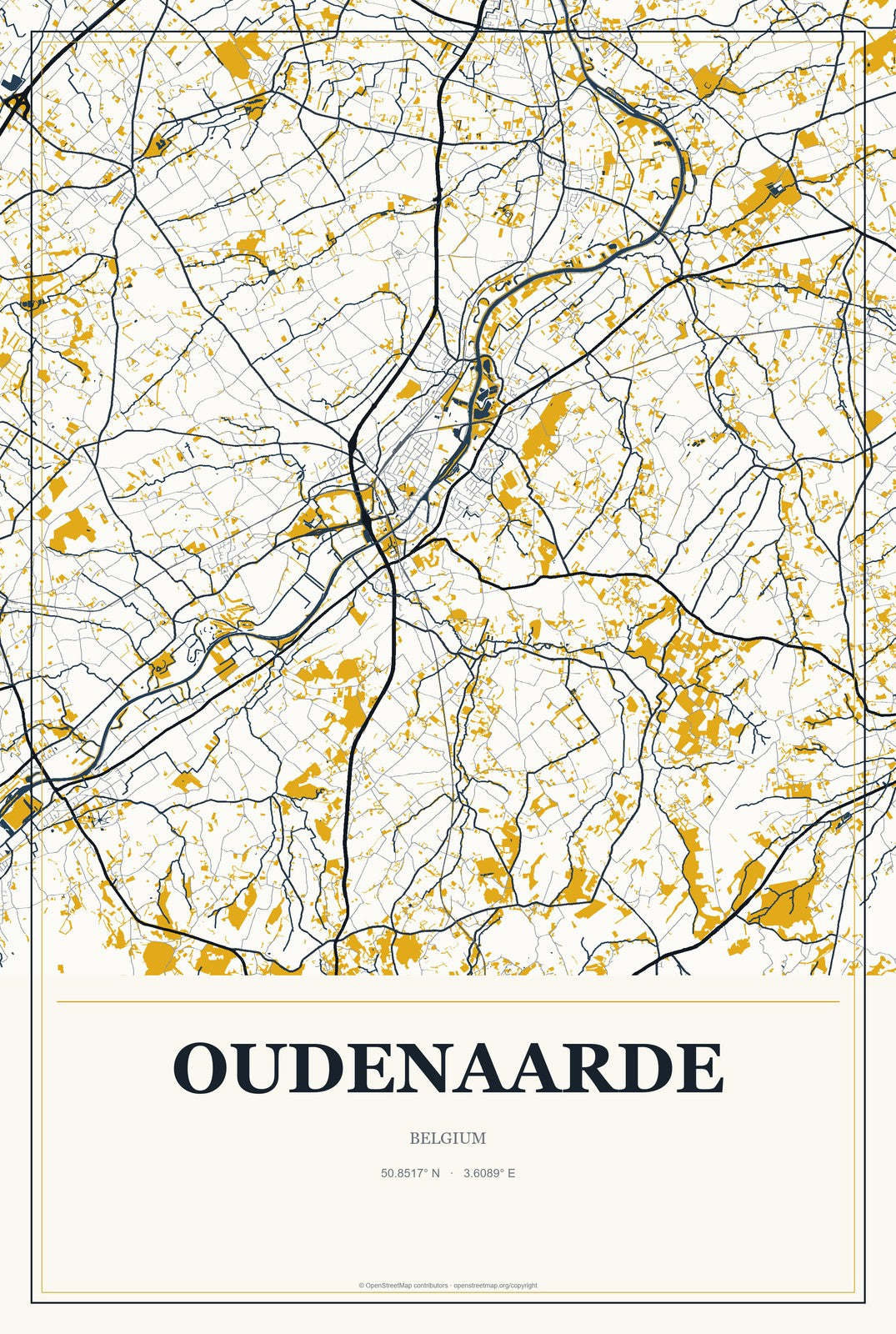 Oudenaarde, Belgium City Map Aluminum Sign in Citrine Modern style