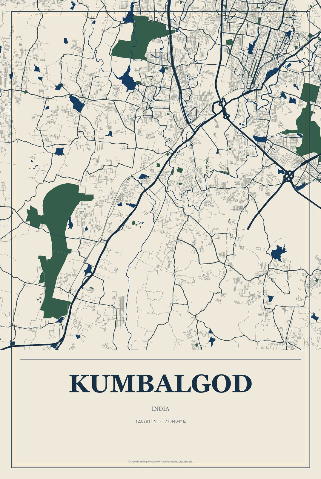 Kumbalgod, India City Map Aluminum Sign in Coastal Cutout style
