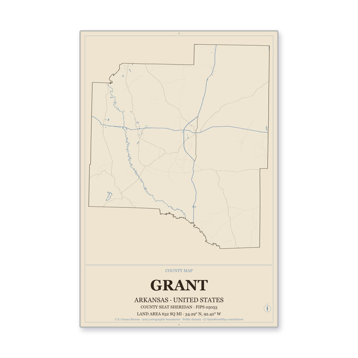 Grant County, Arkansas Map Aluminum Sign in Heritage Nautical style