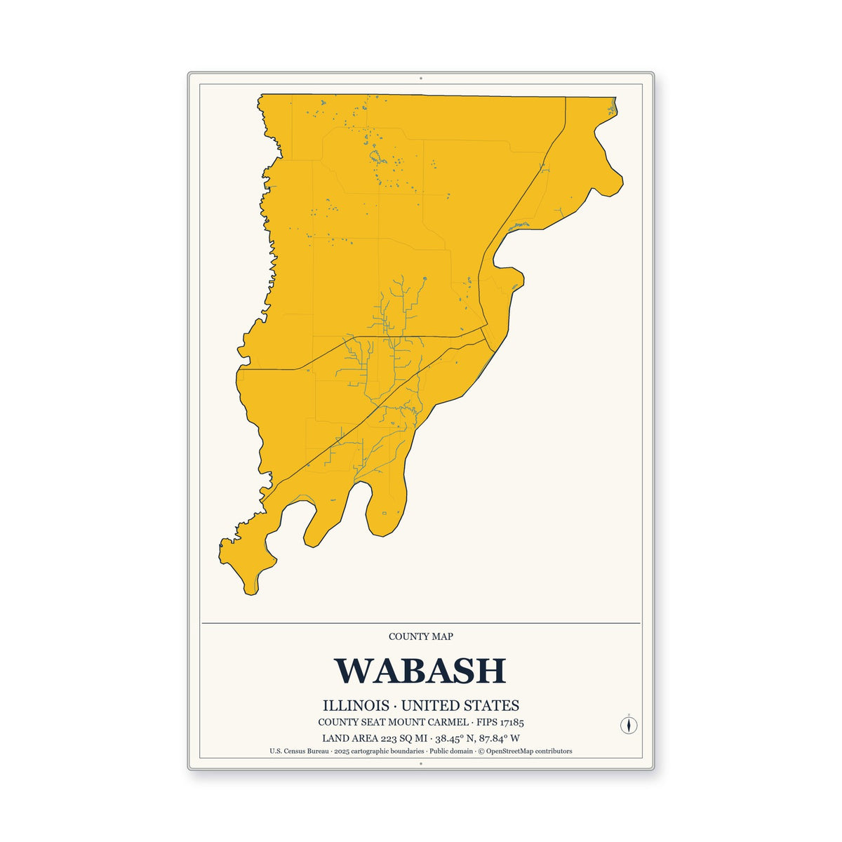Wabash County, Illinois Map Aluminum Sign in Citrine Modern style