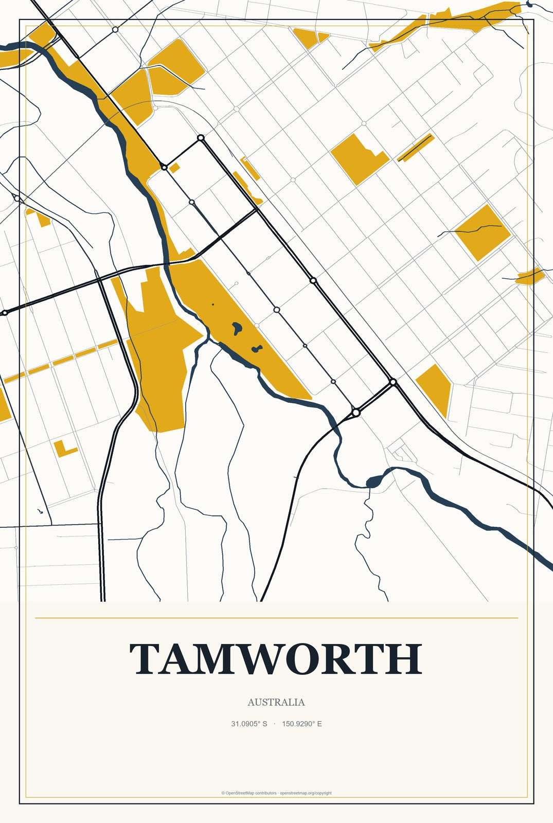 Tamworth, Australia City Map Aluminum Sign in Citrine Modern style