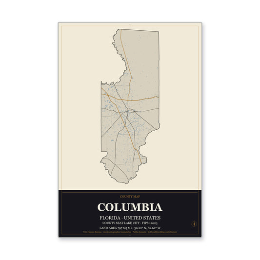 Columbia County, Florida Map Aluminum Sign in Museum Plaque style