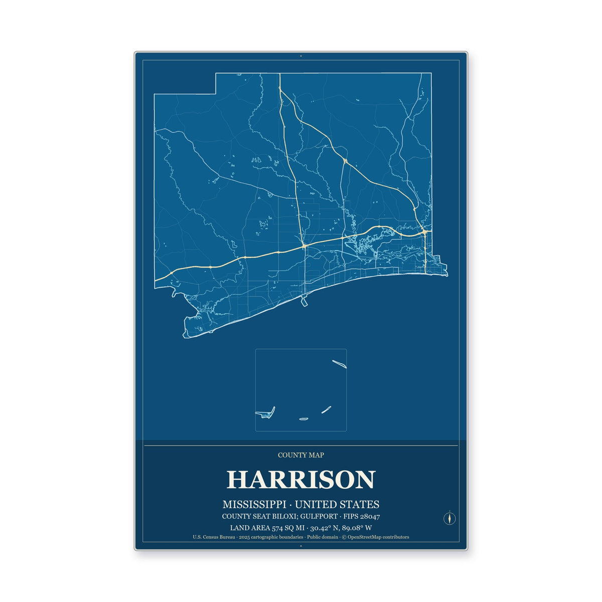 Harrison County, Mississippi Map Aluminum Sign in Harbor Cobalt style
