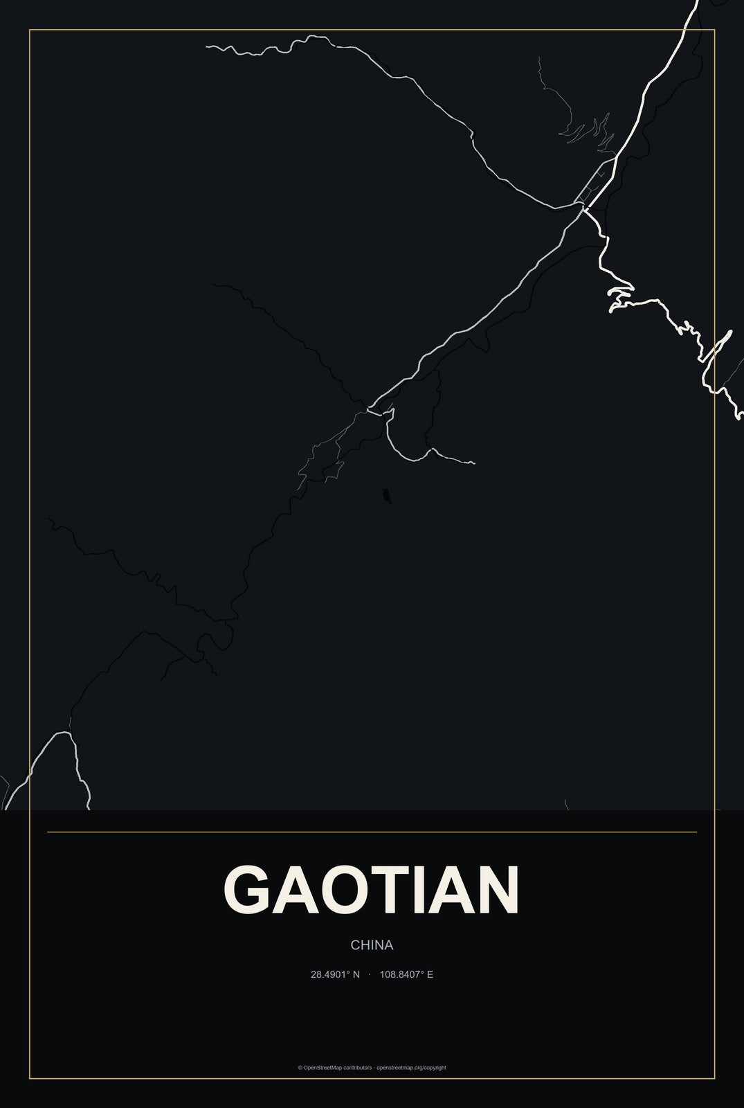 Gaotian, China City Map Aluminum Sign in Metropolitan Noir style
