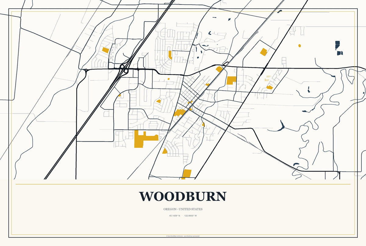 Woodburn, Oregon City Map Aluminum Sign in Citrine Modern style