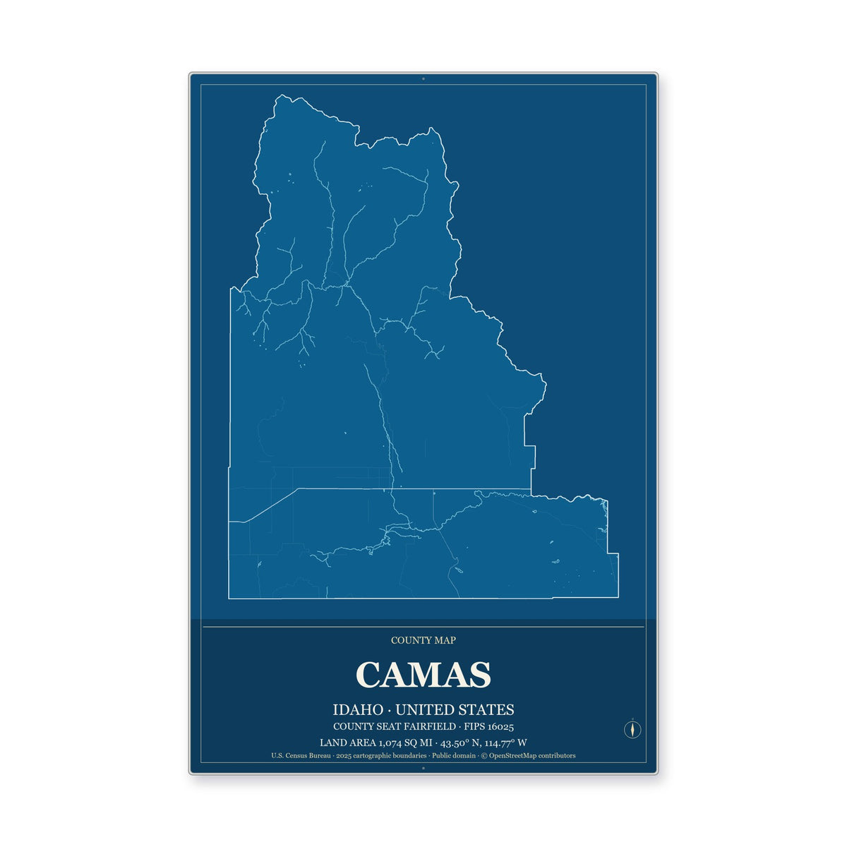 Camas County, Idaho Map Aluminum Sign in Harbor Cobalt style