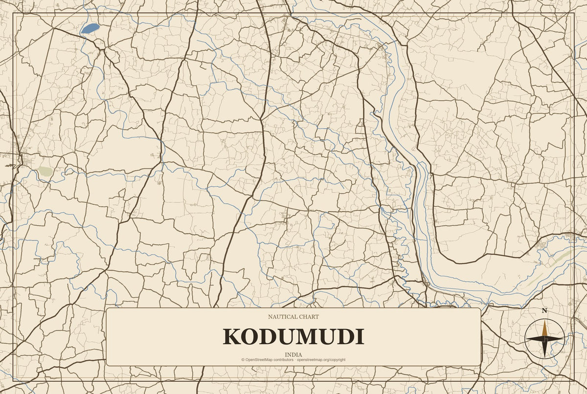 Kodumudi, India City Map Aluminum Sign in Heritage Nautical style