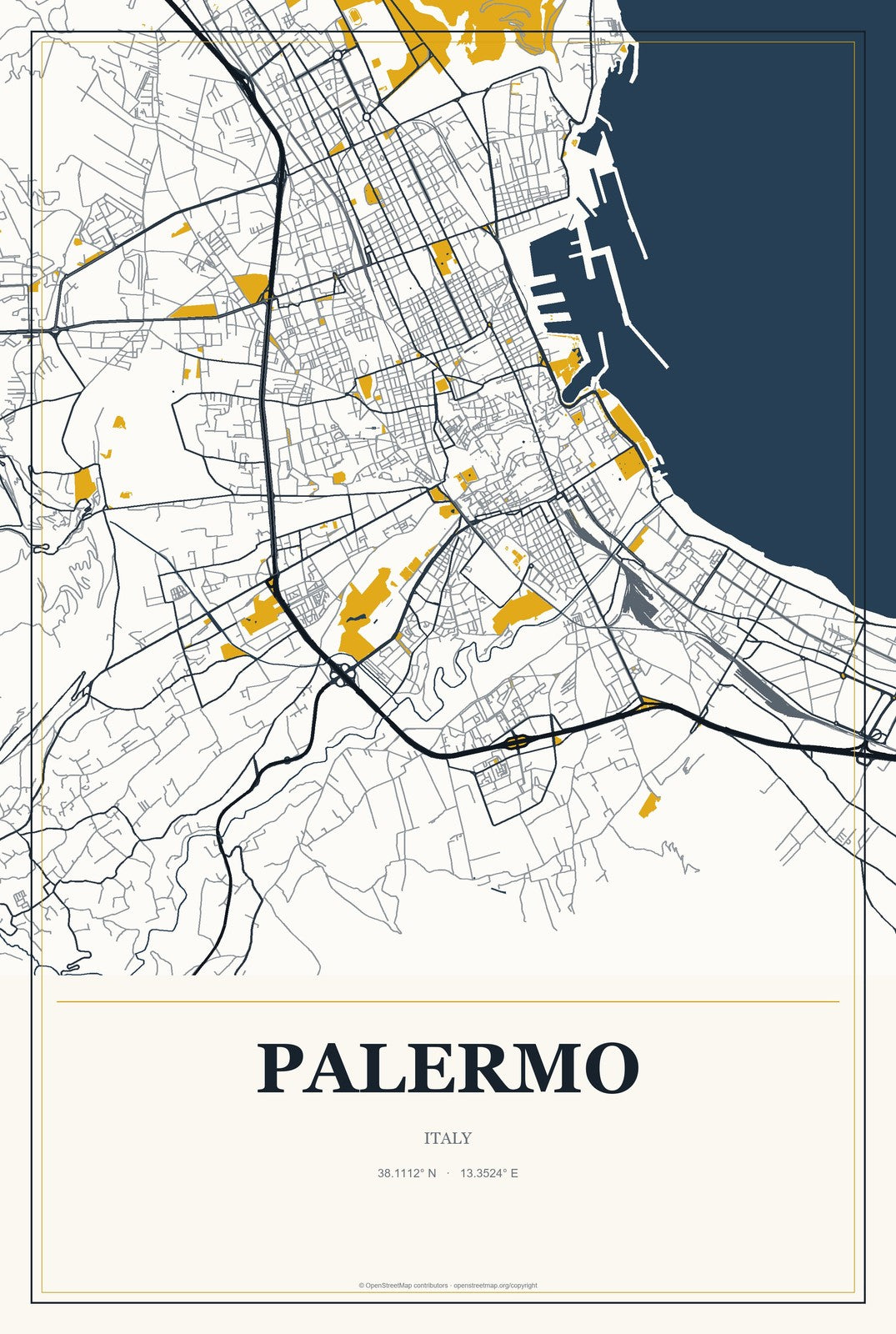 Palermo, Italy City Map Aluminum Sign in Citrine Modern style