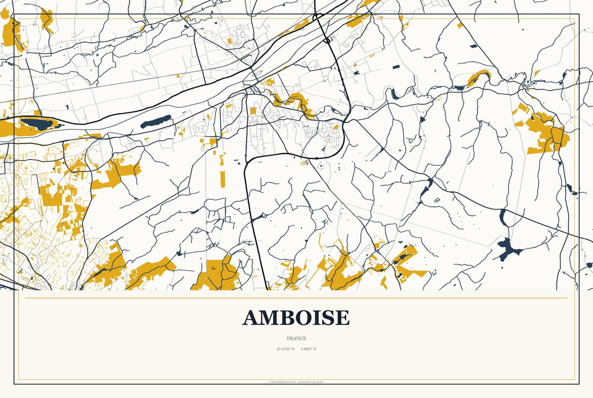 Amboise, France City Map Aluminum Sign in Citrine Modern style