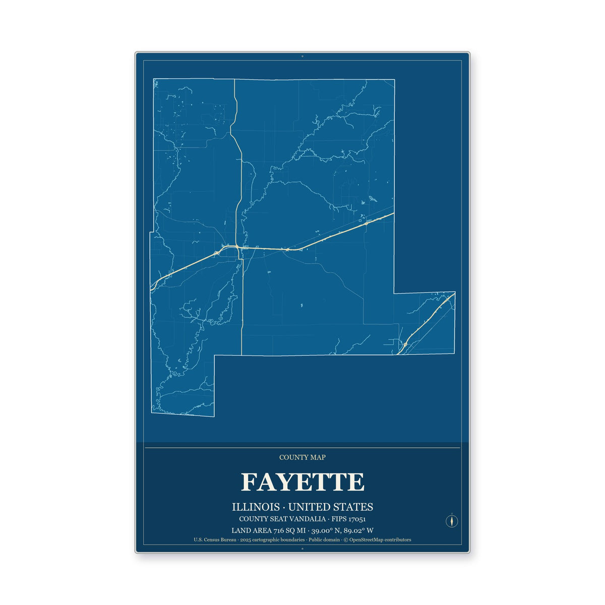 Fayette County, Illinois Map Aluminum Sign in Harbor Cobalt style