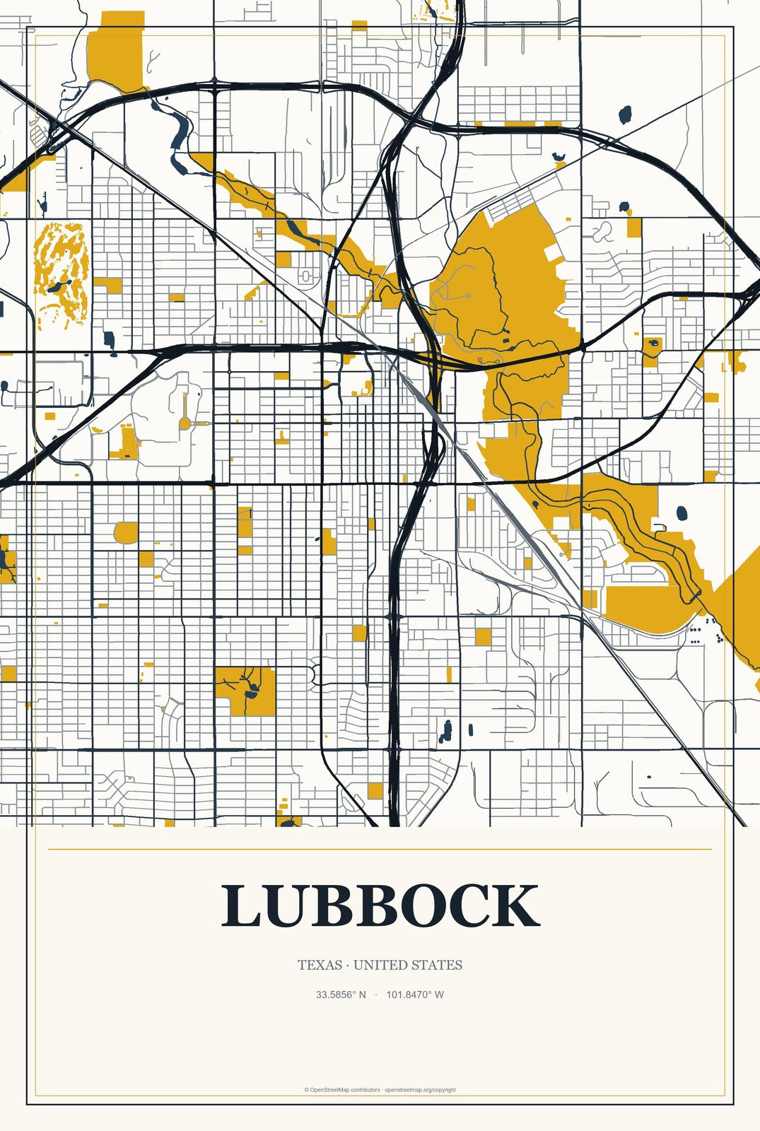 Lubbock, Texas City Map Aluminum Sign in Citrine Modern style
