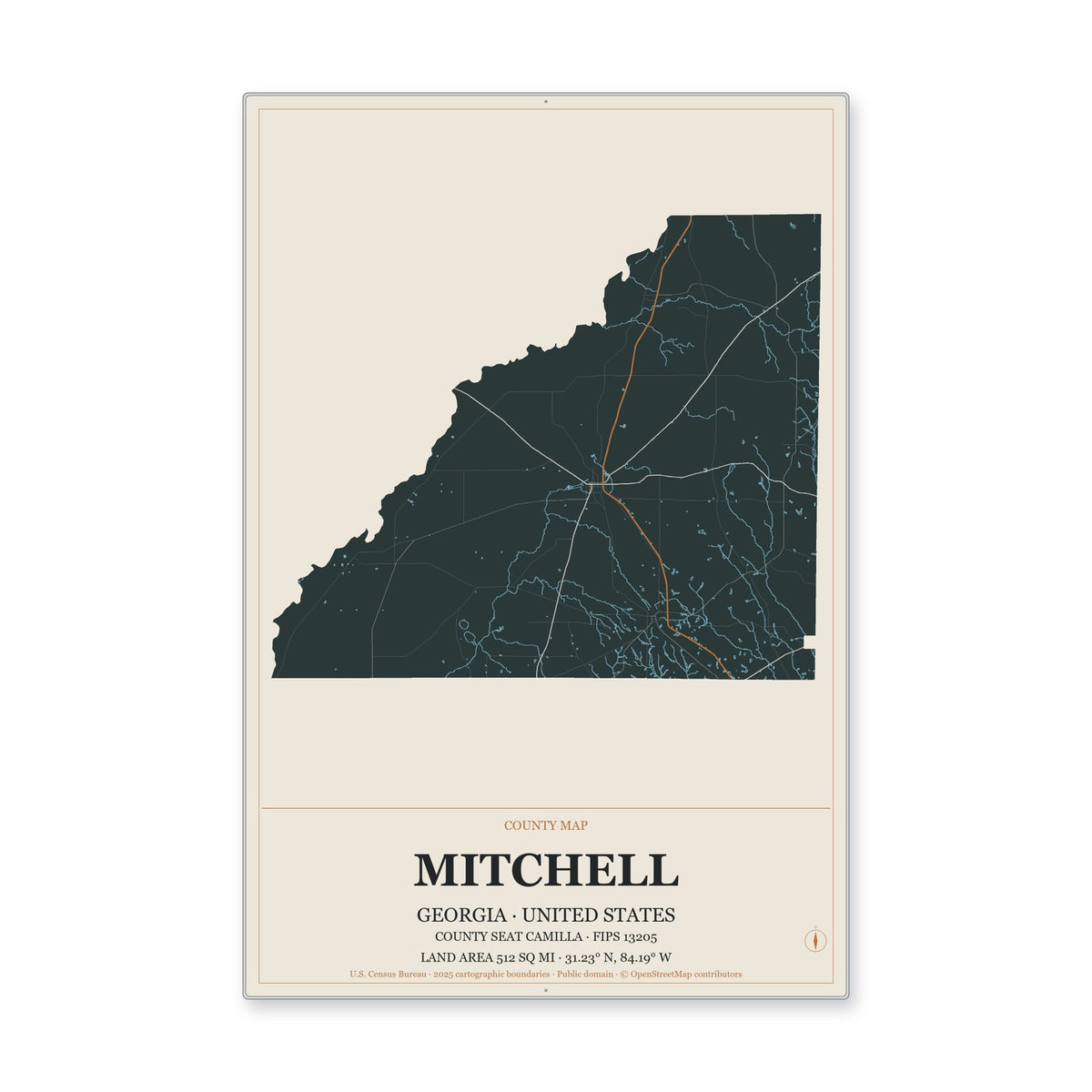 Mitchell County, Georgia Map Aluminum Sign in Headline Atlas style