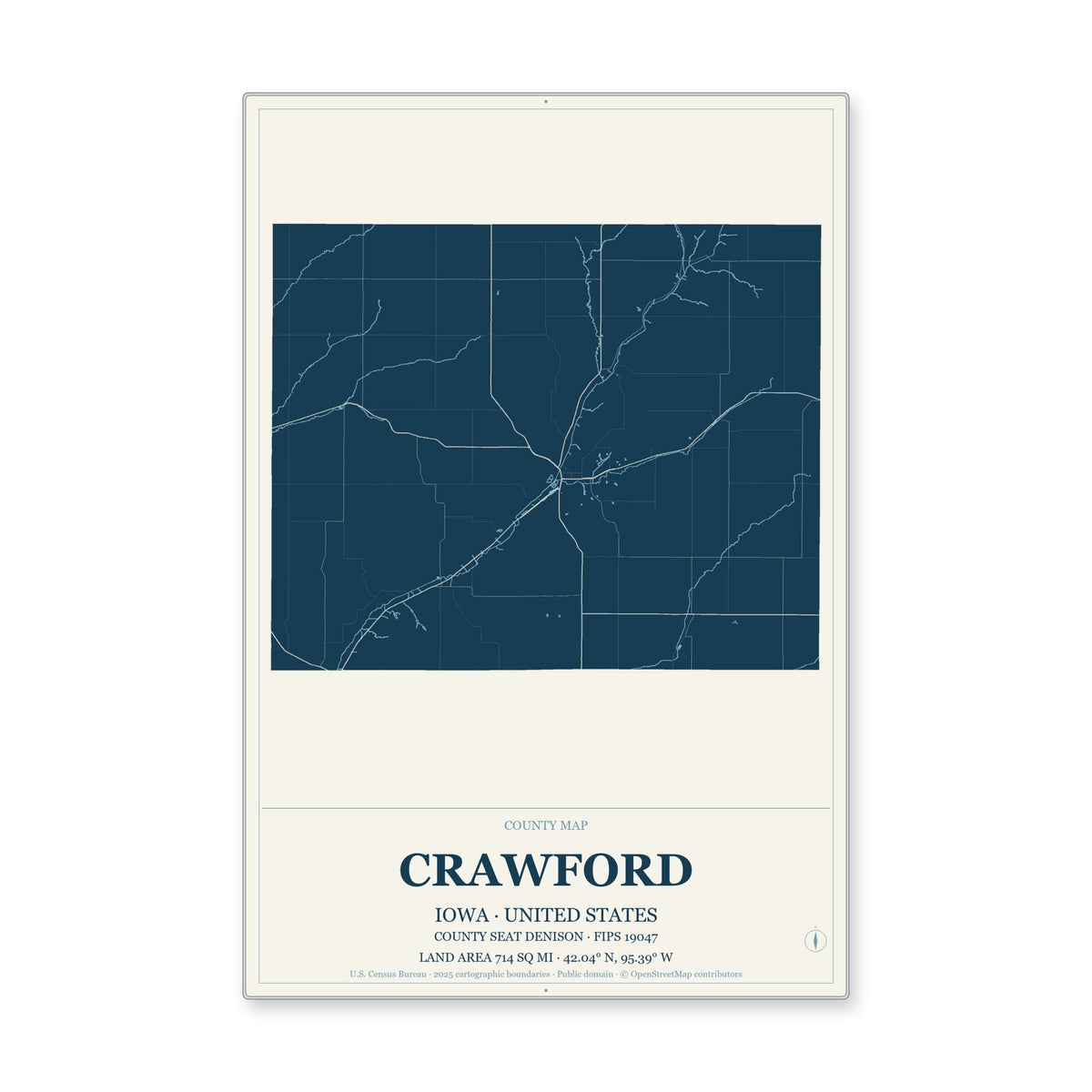 Crawford County, Iowa Map Aluminum Sign in Coastal Cutout style