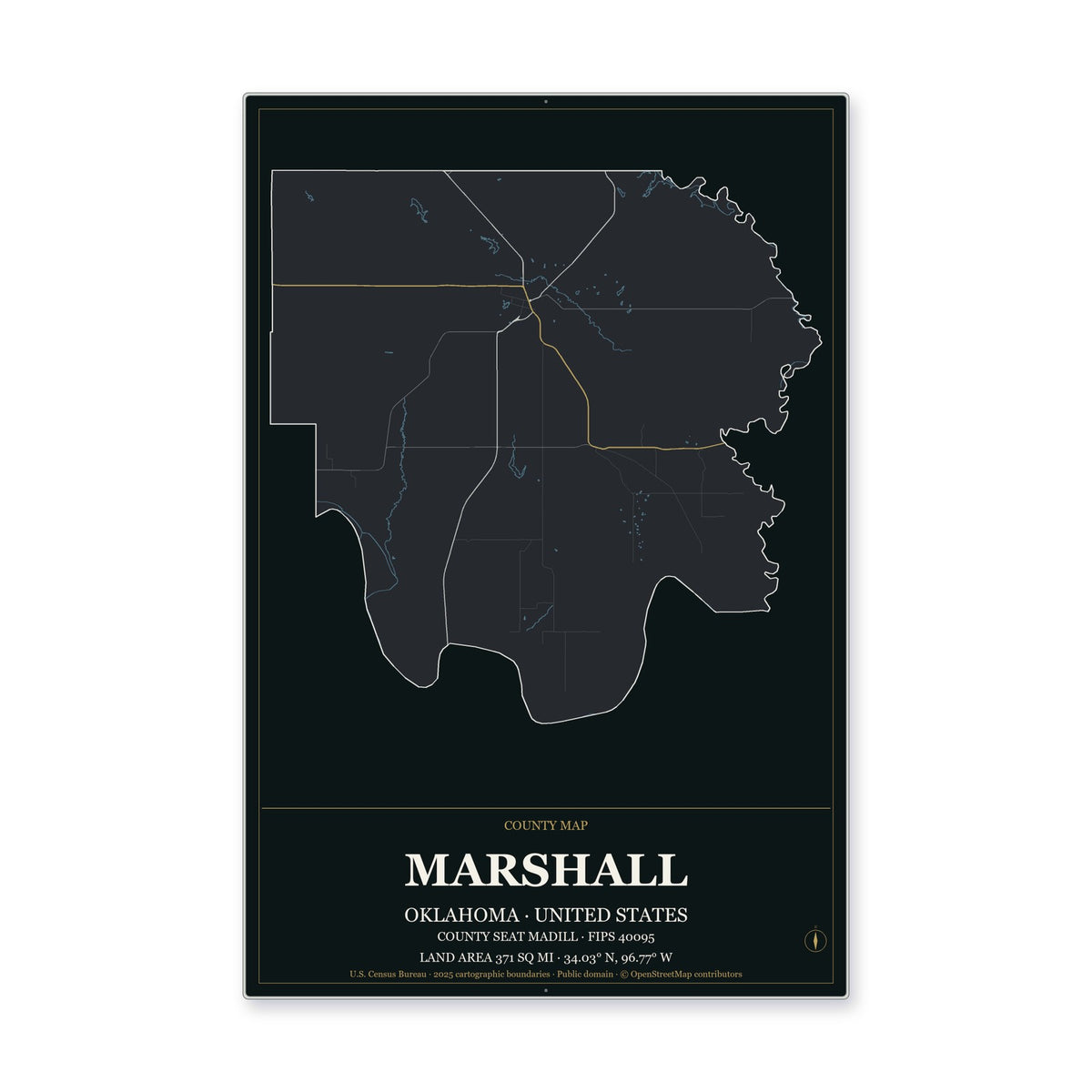 Marshall County, Oklahoma Map Aluminum Sign in Metropolitan Noir style