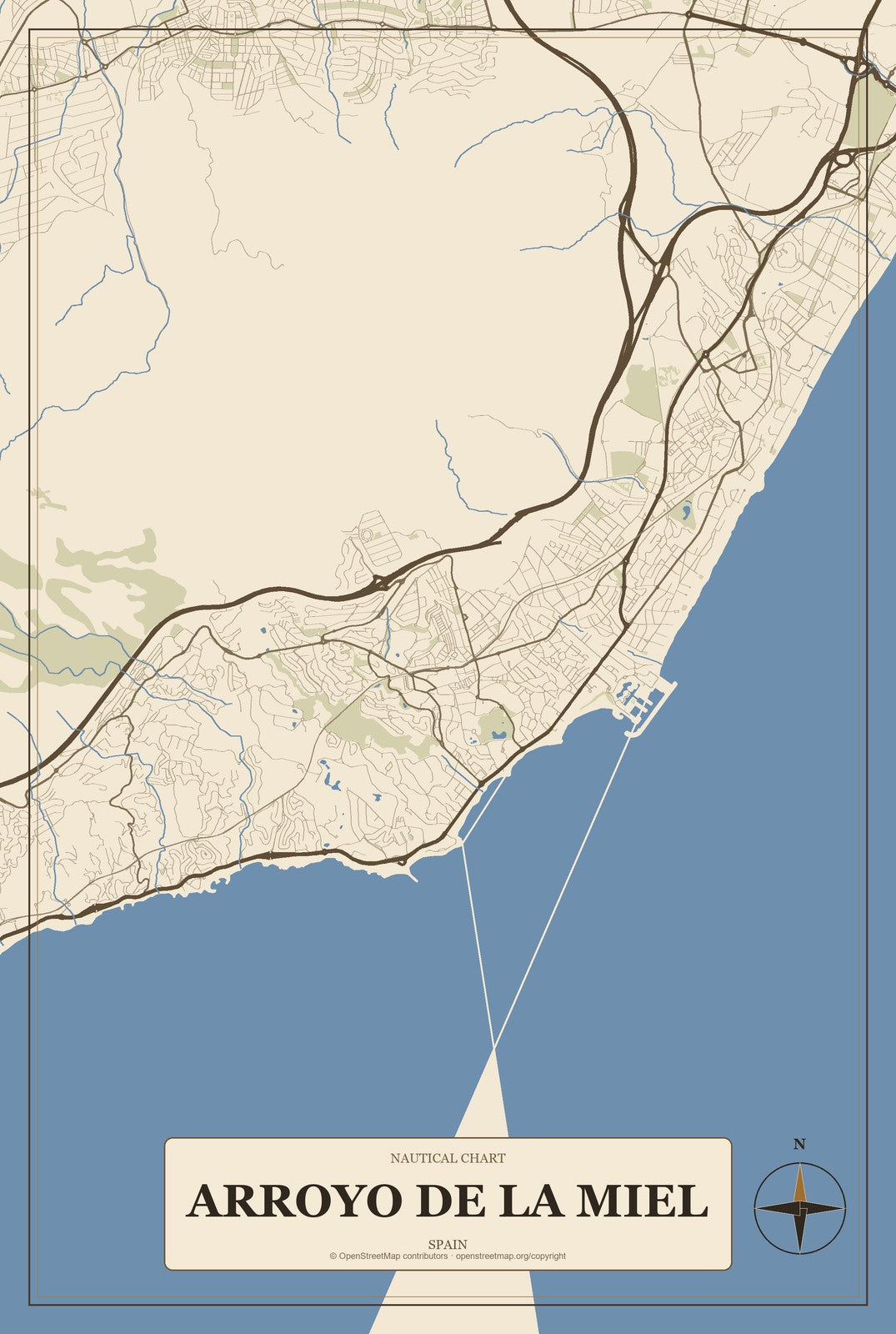 Arroyo de la Miel, Spain City Map Aluminum Sign in Heritage Nautical style