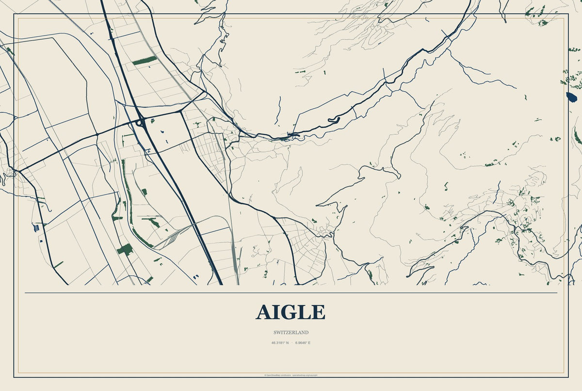 Aigle, Switzerland City Map Aluminum Sign in Coastal Cutout style