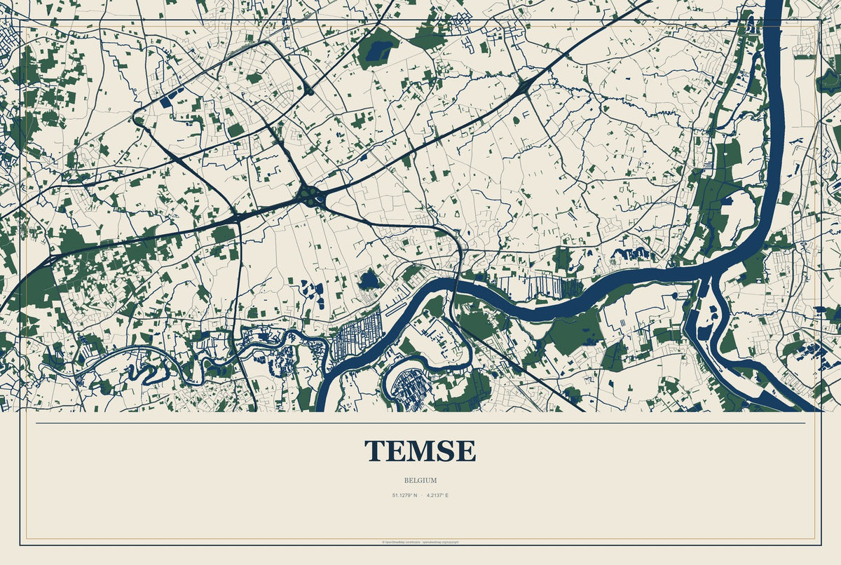Temse, Belgium City Map Aluminum Sign in Coastal Cutout style