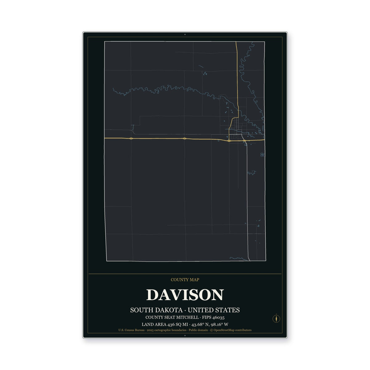 Davison County, South Dakota Map Aluminum Sign in Metropolitan Noir style