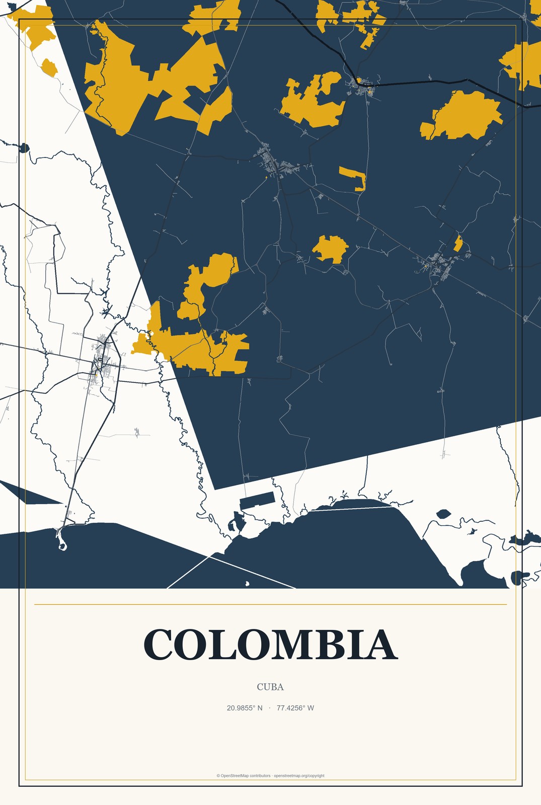 Colombia, Cuba City Map Aluminum Sign in Citrine Modern style