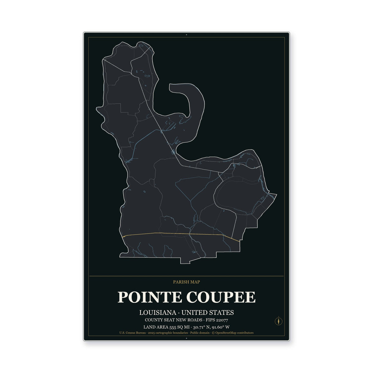 Pointe Coupee Parish, Louisiana Map Aluminum Sign in Metropolitan Noir style