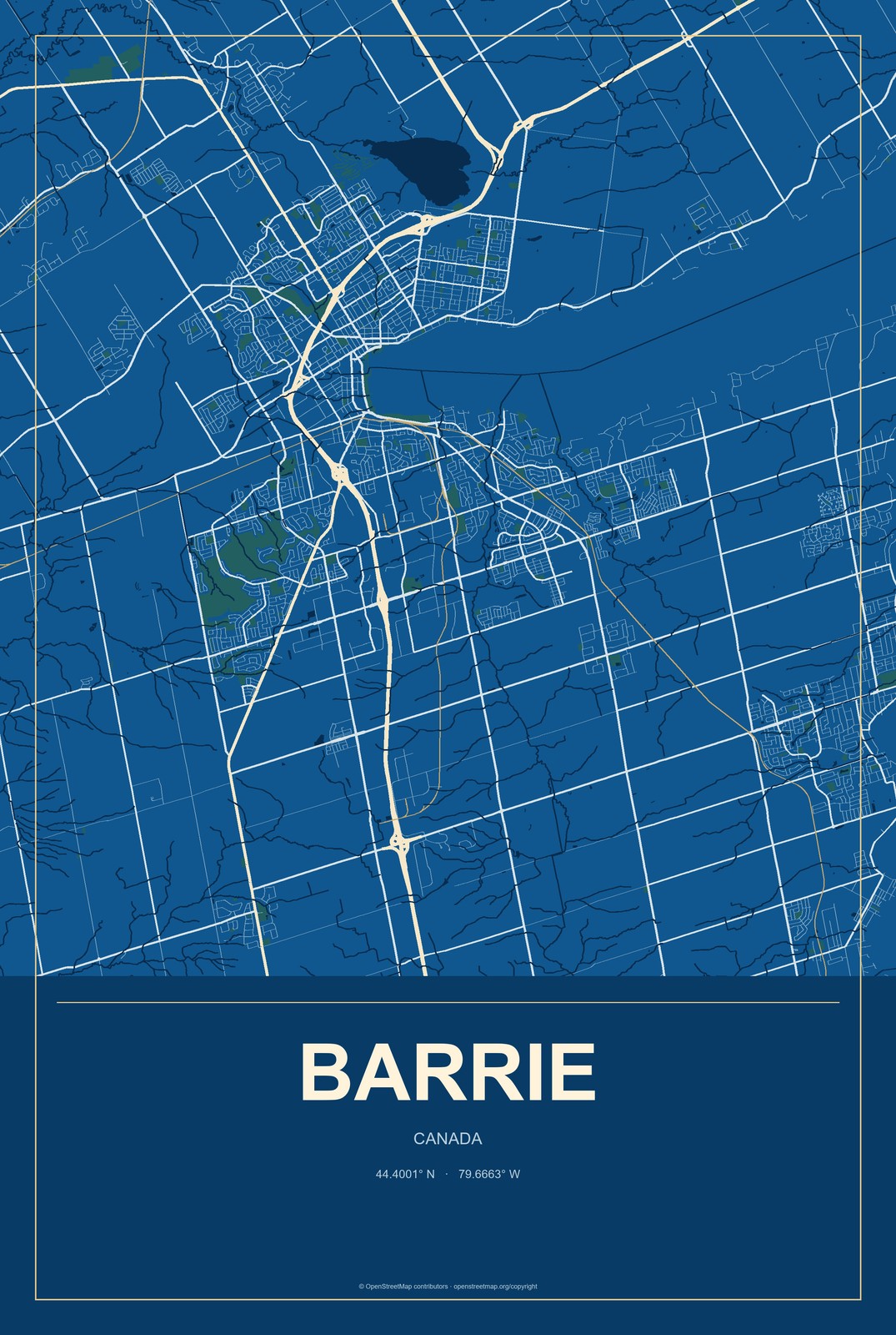 Barrie, Canada City Map Aluminum Sign in Harbor Cobalt style