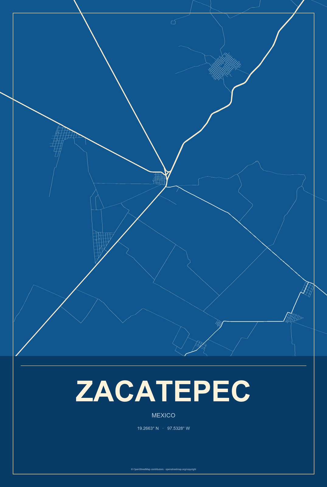 Zacatepec, Mexico City Map Aluminum Sign in Harbor Cobalt style