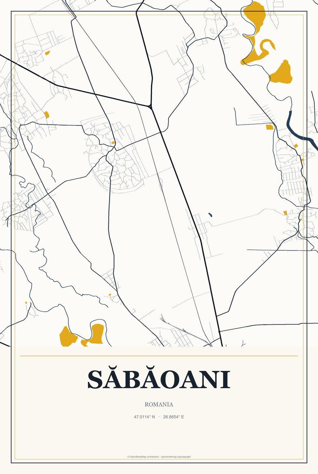 Săbăoani, Romania City Map Aluminum Sign in Citrine Modern style