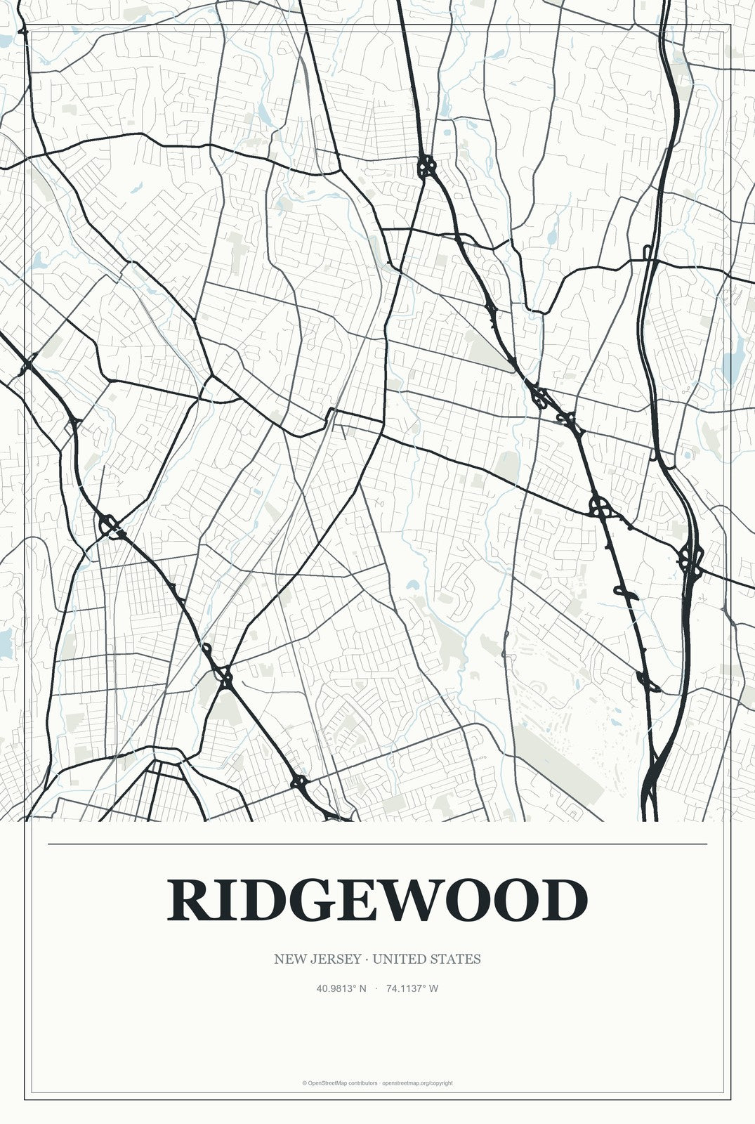 Ridgewood, New Jersey City Map Aluminum Sign in Gallery Air style