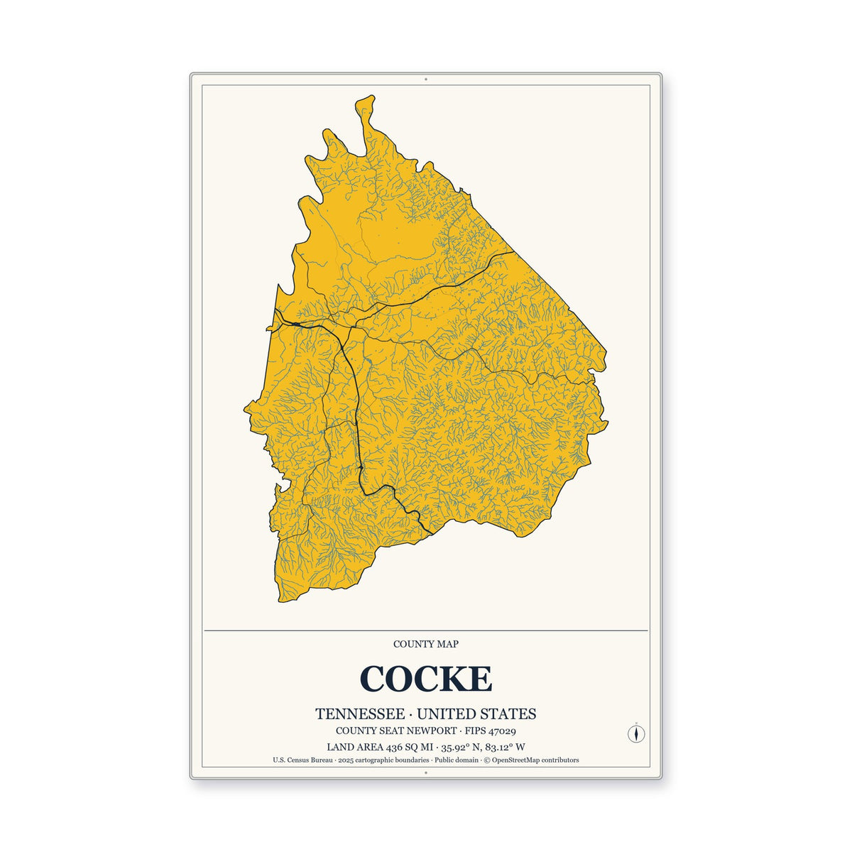 Cocke County, Tennessee Map Aluminum Sign in Citrine Modern style