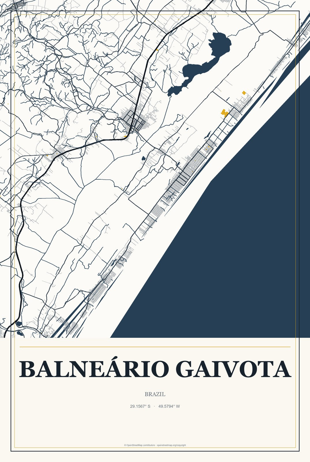 Balneário Gaivota, Brazil City Map Aluminum Sign in Citrine Modern style