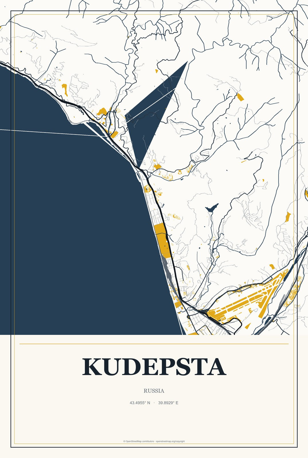 Kudepsta, Russia City Map Aluminum Sign in Citrine Modern style